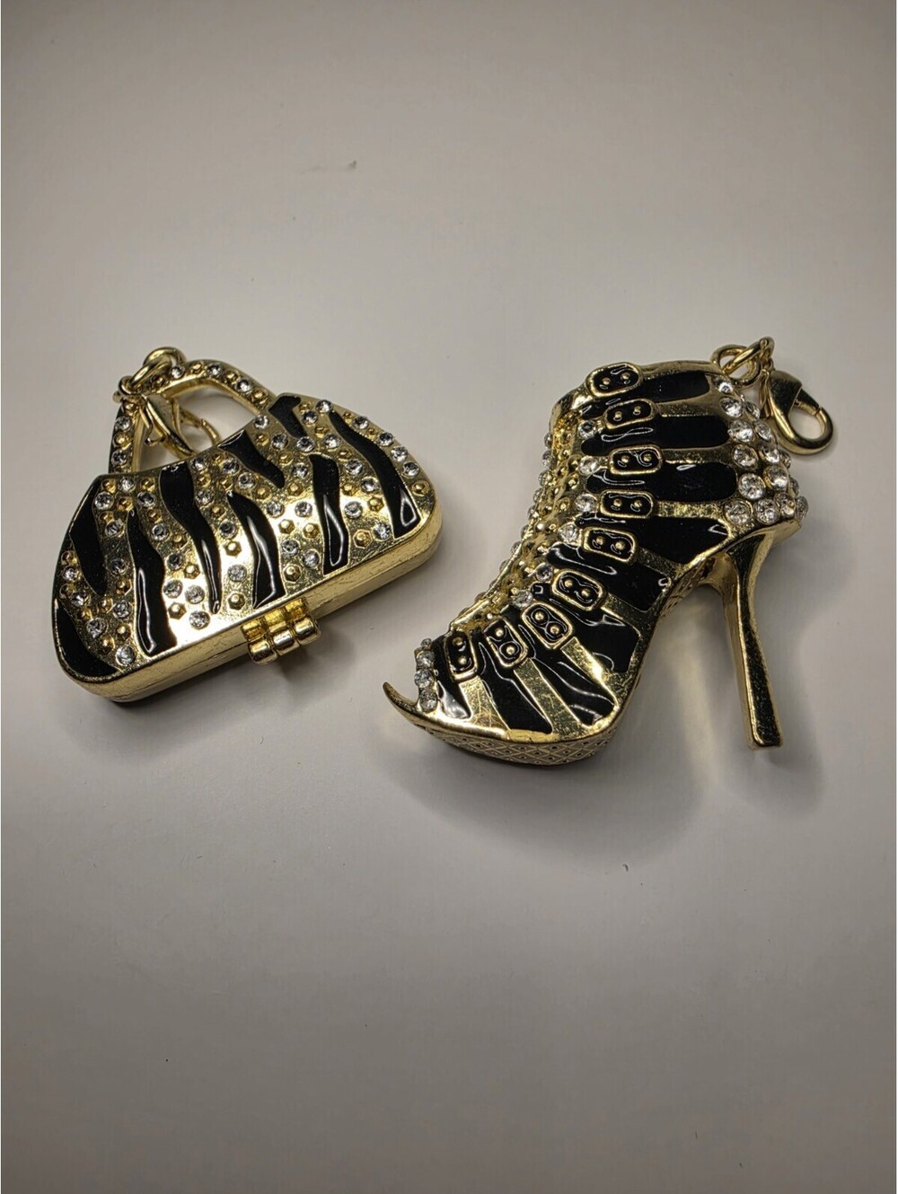 Vintage Keyring Gold Metal Bling Ladies Bag and High Heels Rhinestone